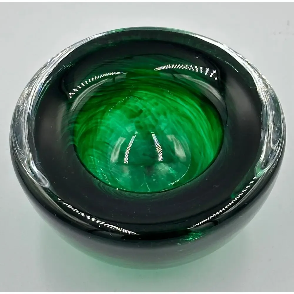 Kosta Boda Atoll Glass Bowl 4.25” Green Swirl Tealight Candle Holder Paperweight